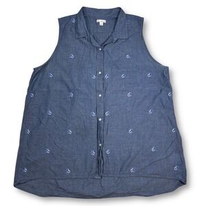 Gap Women XL Blue Chambray Sleeveless‎ Floral Embroidered Button Up Shirt Top
